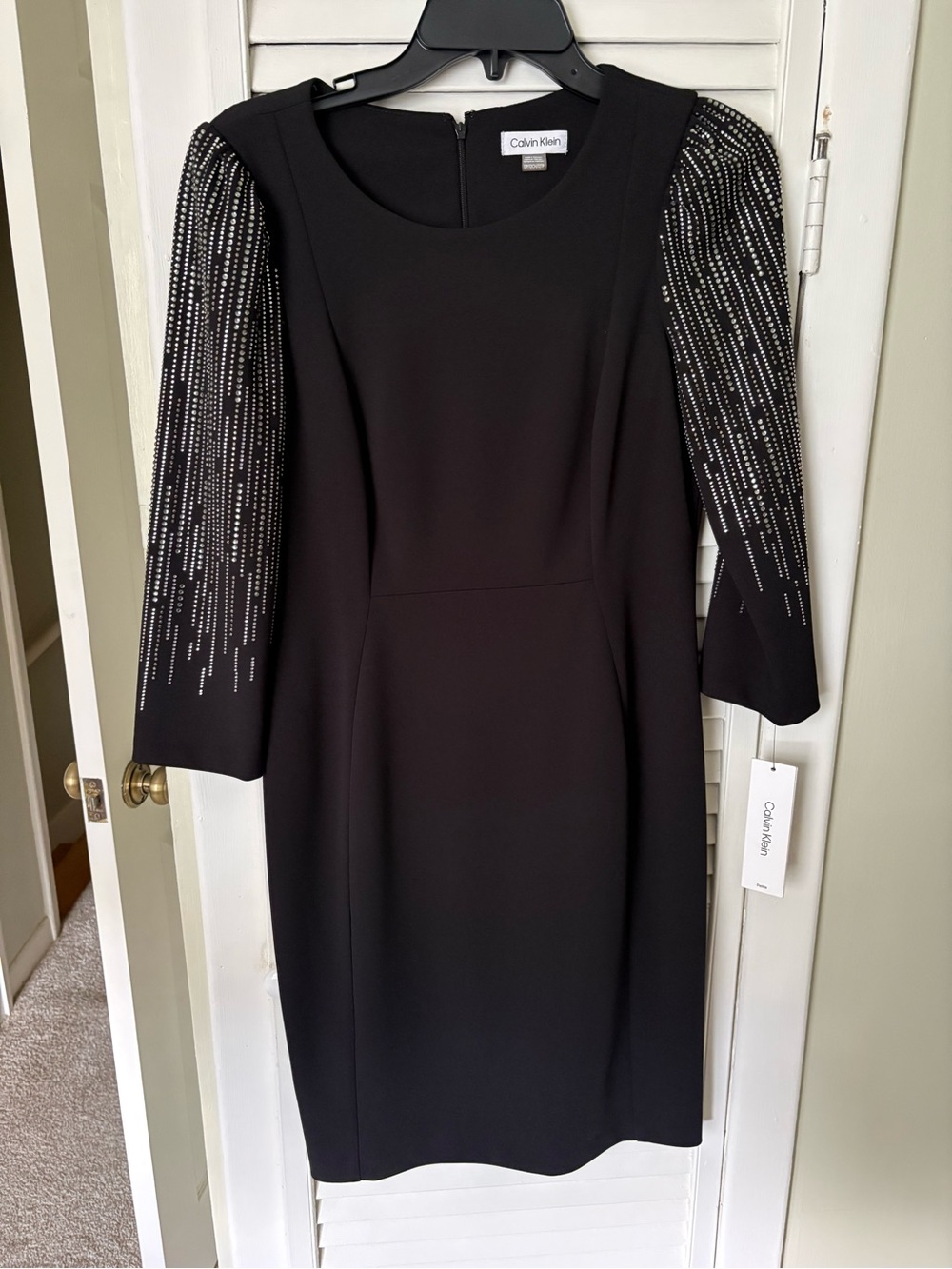 Calvin Klein Black Sheath Dress with Beaded Sleeve Detail